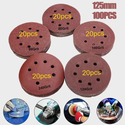 100pcs 125mm Sanding Discs Assorted Grits | 8 Hole Sander Polishing Pads
