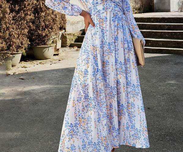 sachin and babi light blue dress Yoryu Crinkle Autumn Print Chiffon Tassel Tie Dress from Blue B – Urbanheer main image 1