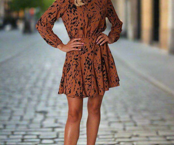 camel skater dress Leopard Print Round Neck Skater Mini Dress