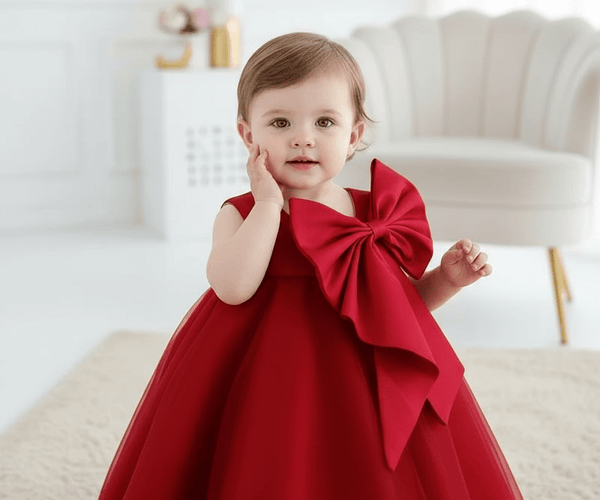 Korean-Inspired Elegant Big Bow Dress for Baby Girl's First Birthday Celebration 2023