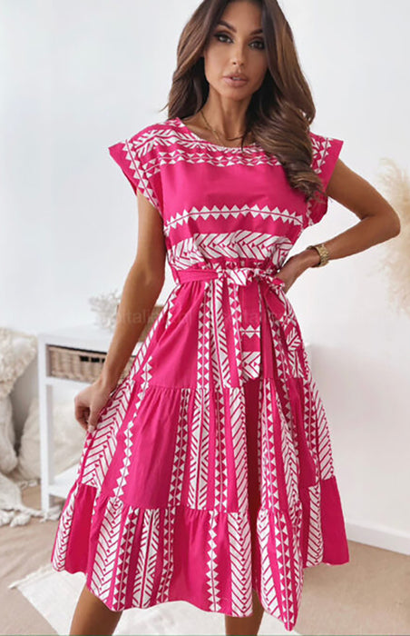 Elegant Geometric Print Women's Dress with Short Sleeves
