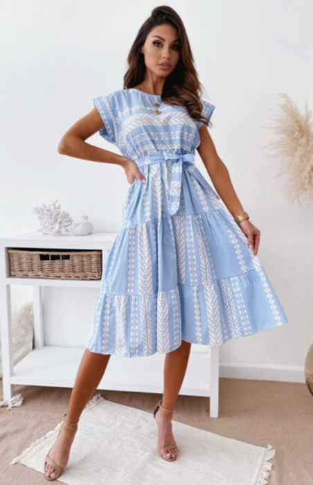 Elegant Geometric Print Women's Dress with Short Sleeves