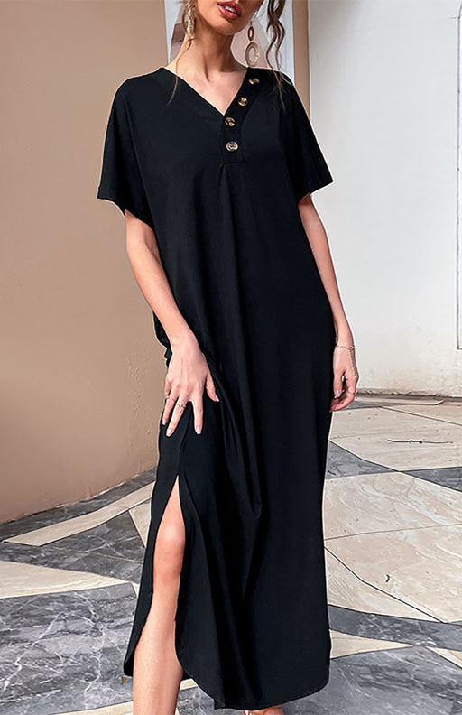 Women's Button-Up V-Neck Solid Dress