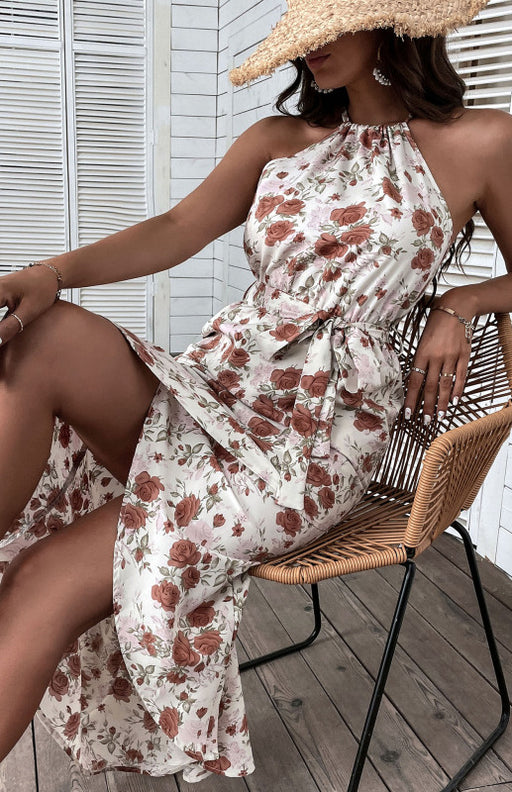 Women's Seaside Resort Slip Dress Halter Floral Print White Dress