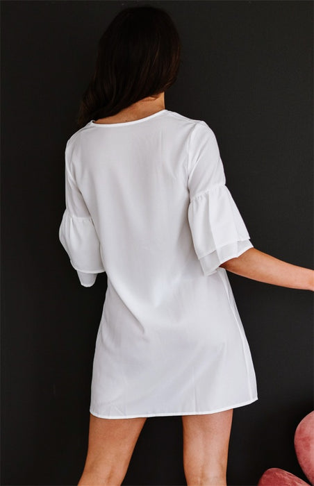 V-Neck Flare Sleeve Shift Dress with Button Detail for Women
