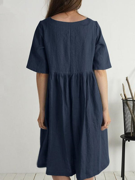 Women's Cotton Linen Round Neck Loose Casual Solid Color Pocket Dress