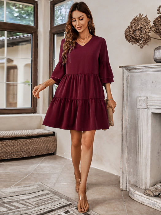 Elegant Solid Color V-neck Dress with Loose Fit - Women's Fashion Piece