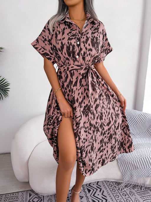 Women's Woven Loose Leopard Print Tie Short Sleeve Shirt Dress