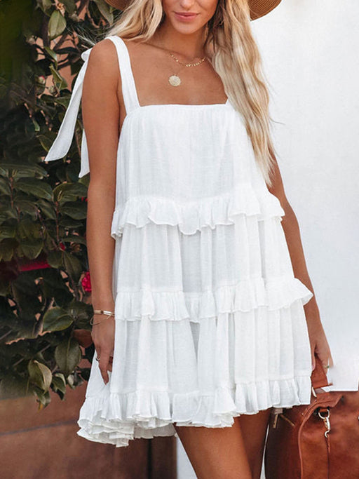 Women's Solid Color Ruffled Strappy Strap Dress