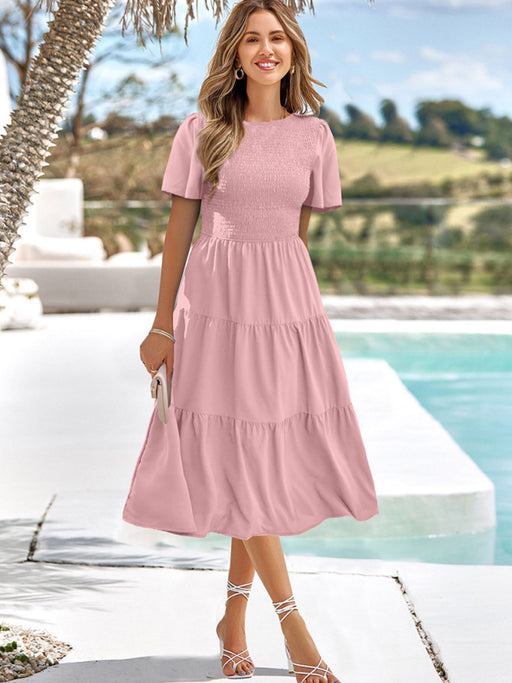 Women's Solid Color Round Neck Pleated Resort Dress