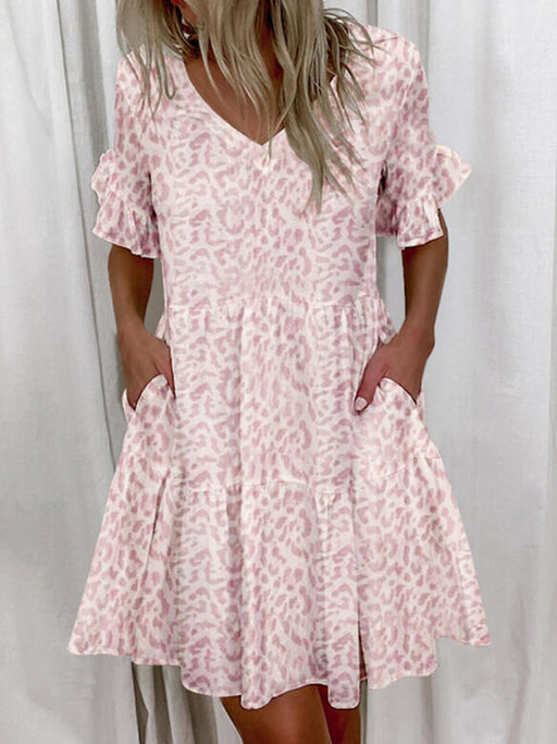 Loose Fashion V-neck Short Print Ruffle Pocket Dress