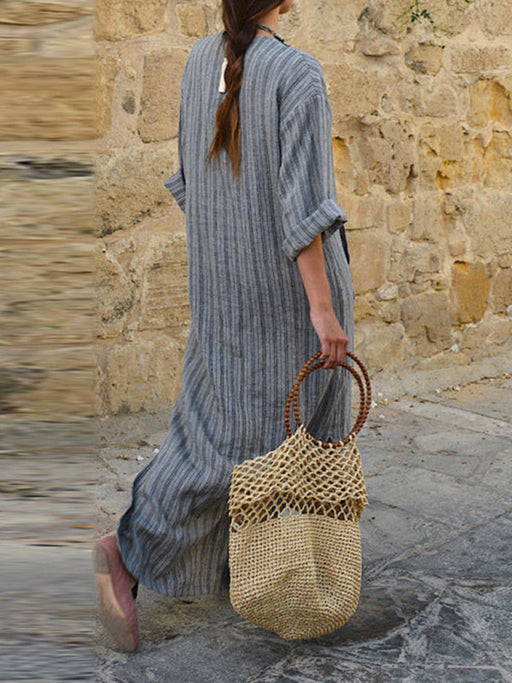 New cotton and linen yarn-dyed striped loose long dress