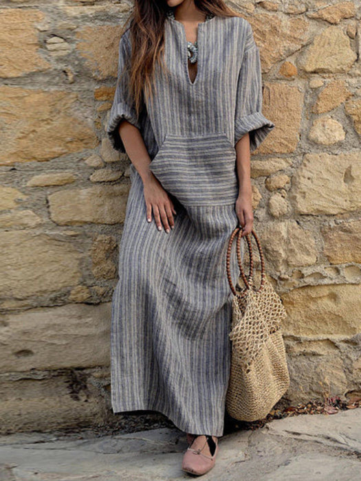 Striped Cotton and Linen Maxi Dress with a Relaxed Silhouette