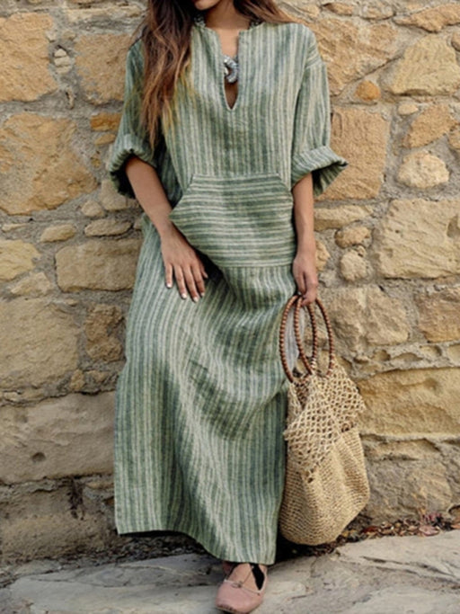 New cotton and linen yarn-dyed striped loose long dress