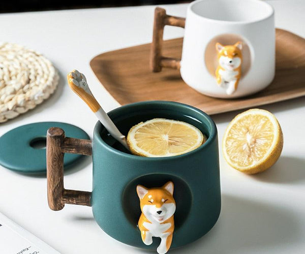 Charming Shiba Inu Akita Dog Ceramic Mug & Spoon Set