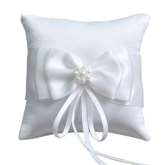 Elegant Double Bow Ribbon Pearls Ring Pillow for Weddings