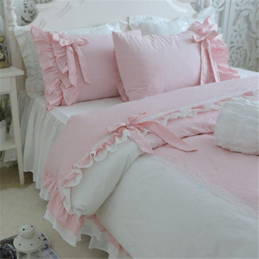Elegant Bow Kids' Bedding Set with Exquisite Embroidery Lace Ruffle and Full Flower Print