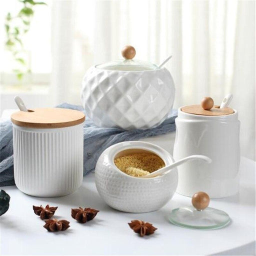 Sophisticated Ceramic Spice Container Set with Sustainable Wooden Cover