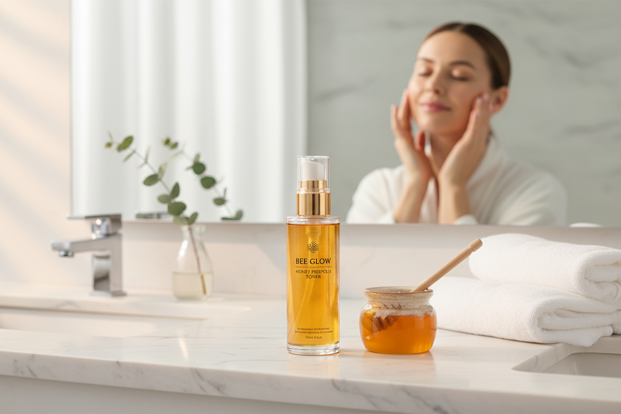 Luxury bathroom scene highlighting honey propolis toner benefits for radiant skin and elegant self-care routines