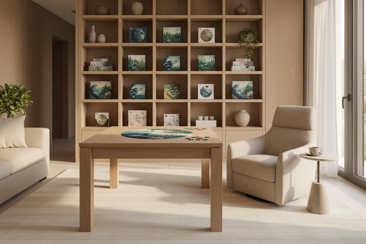 Luxury living room with a mindful puzzle activity on a wooden table, perfect for stylish home decor and gifting