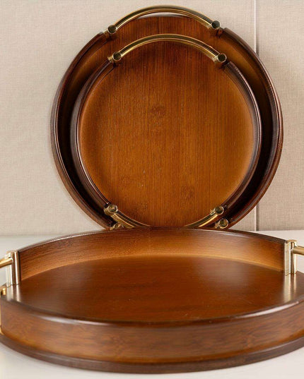 Chic Round Bamboo and Wood Serving Tray with Sturdy Metal Handle - Space-Saving Stackable Ottoman for Home Style