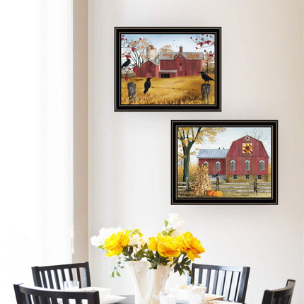 Billy Jacobs 2-Piece Autumn Red Barns Wall Art Set, Black Framed Decor