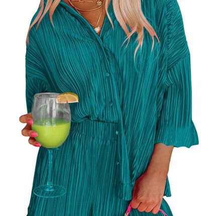 Elegant Blue Rose Pleated Lounge Set with Collared Top and 3/4 Sleeves