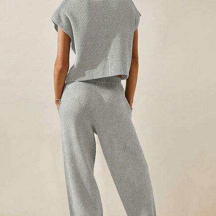 Elegant Knit V Neck Sweater and Flowing Trousers Ensemble