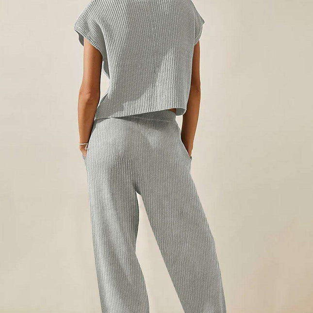 Elegant Knit V Neck Sweater and Flowing Trousers Ensemble