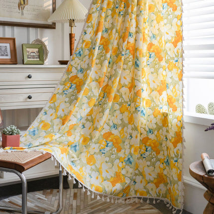 Peekaboo Studio Garden Flower Print Yellow Semi-Sheer Kitchen Curtain