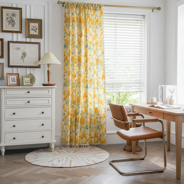 Peekaboo Studio Garden Flower Print Yellow Semi-Sheer Kitchen Curtain