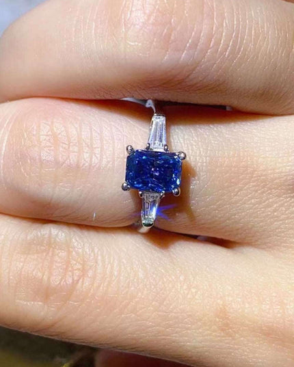 Stunning Blue Rectangular Lab-Diamond Ring in Platinum - A Luxurious Statement with Zircon Accents