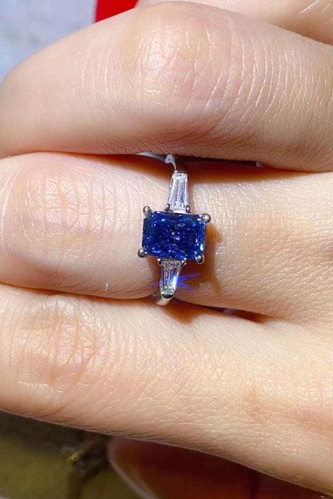 Blue Platinum-Plated Lab-Diamond Blue Rectangle Ring - Elegant Moissanite Statement Piece