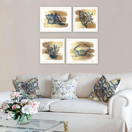 Bluebird Barn 4 Pc Gold Sea Wall Art Set - Framed Prints for Home Deco
