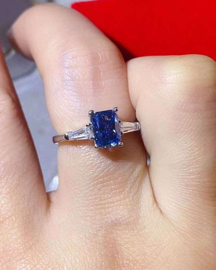 Stunning Blue Rectangular Lab-Diamond Ring in Platinum - A Luxurious Statement with Zircon Accents