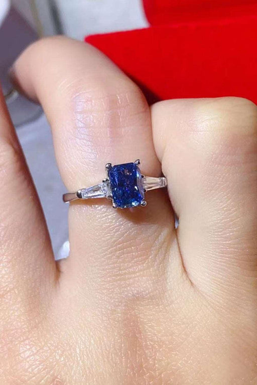 Elegant Blue Platinum-Plated Lab-Diamond Blue Rectangle Ring - Luxurious Moissanite Statement Piece