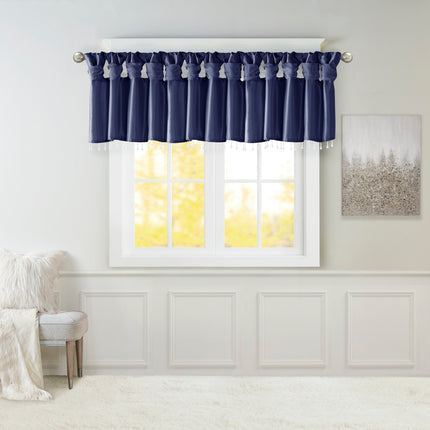 Room & Decor Lightweight Faux Silk Valance with Beads, Navy 50x26