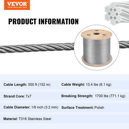 VEVOR 500ft Stainless Steel Cable Railing, 316 Marine Grade, 7x7 Stran