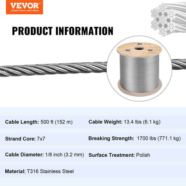 VEVOR 500ft Stainless Steel Cable Railing, 316 Marine Grade, 7x7 Stran