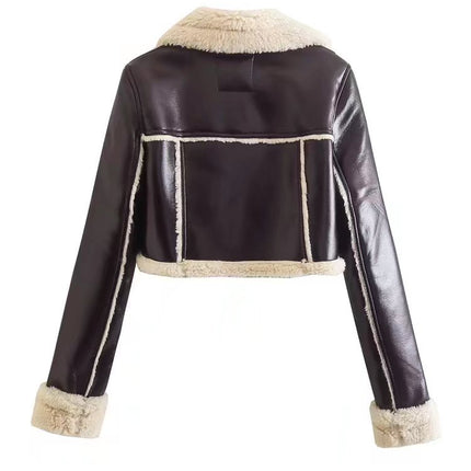 Women's Cropped Biker-Style Jacket with Cream Trim