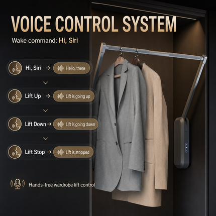 Intelligent Touch, Sensor & Voice Control Electric Wardrobe Lift — Aluminum, 15kg, Extendable 600–900mm / 900–1200mm