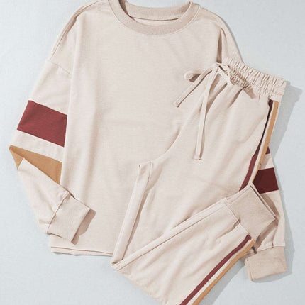 Stylish White Color Block Lounge Set with Luxurious Contrast Trim