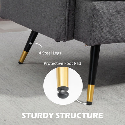Dark Grey Button-Tufted Loveseat with Black and Gold Steel Legs, 139 cm