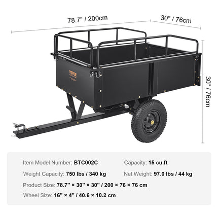 VEVOR 750 lb Heavy Duty ATV Dump Cart, 15 Cu Ft, Removable Sides