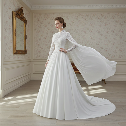 Peekaboo Studio Lace Slim Long Sleeve Fishtail Wedding Dress with Trai