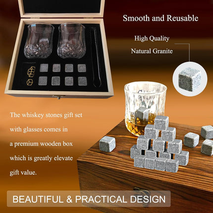 Peekaboo Studio Whiskey Stones Gift Set with 2 Glasses & Wooden Box