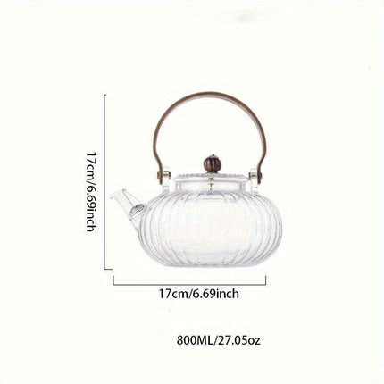 800ML Borosilicate Glass Teapot with Wooden Handle and Built-in Strainer for Effortless Stovetop Brewing