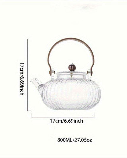 800ML Borosilicate Glass Teapot with Wooden Handle and Built-in Strainer for Effortless Stovetop Brewing