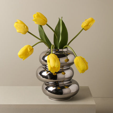 Donut Shaped Ceramic Vase Silver Plated Mirror Finish Elegant Home Decor