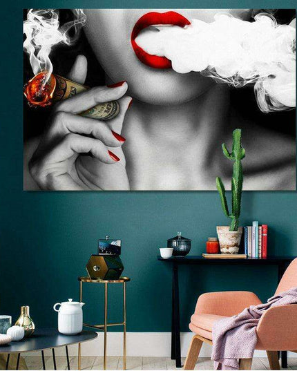 Contemporary Elegance: Abstract Canvas Art of Women, Smoke, and Currency